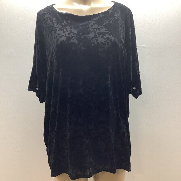 JM Collection Size XL Black Velvet Burnout Split Sleeve W/Stones Floral Top. New - Picture 1 of 8